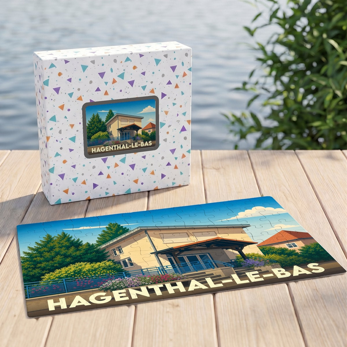 Puzzle souvenir de la ville de Hagenthal-le-Bas avec une illustration stylisée de son paysage urbain.