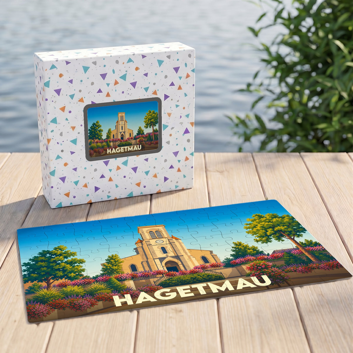 Puzzle souvenir de la ville de Hagetmau avec une illustration stylisée d'une église et son jardin fleuri.