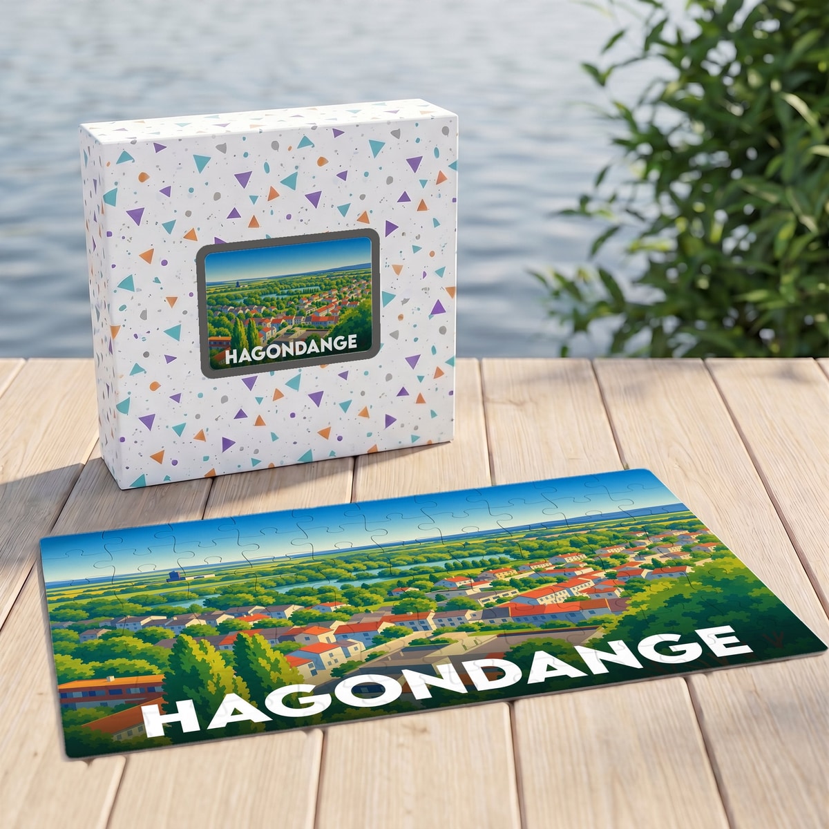 Puzzle souvenir de la ville de Hagondange avec une illustration panoramique stylisée.
