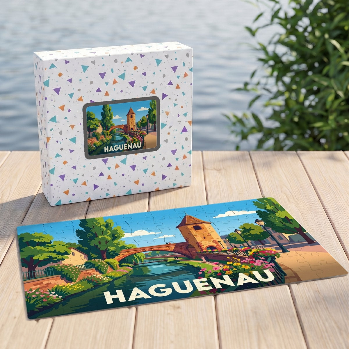 Puzzle souvenir de la ville de Haguenau présentant une illustration colorée et stylisée de son patrimoine.