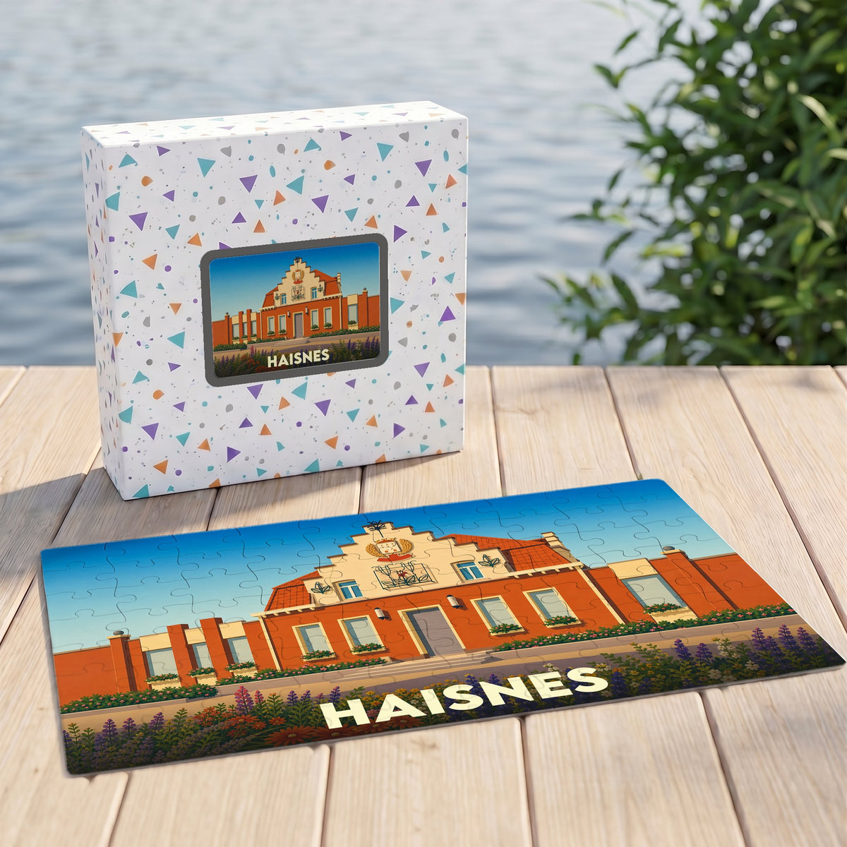 Puzzle souvenir de la ville de Haisnes avec une illustration stylisée de son hôtel de ville et sa boîte assortie.
