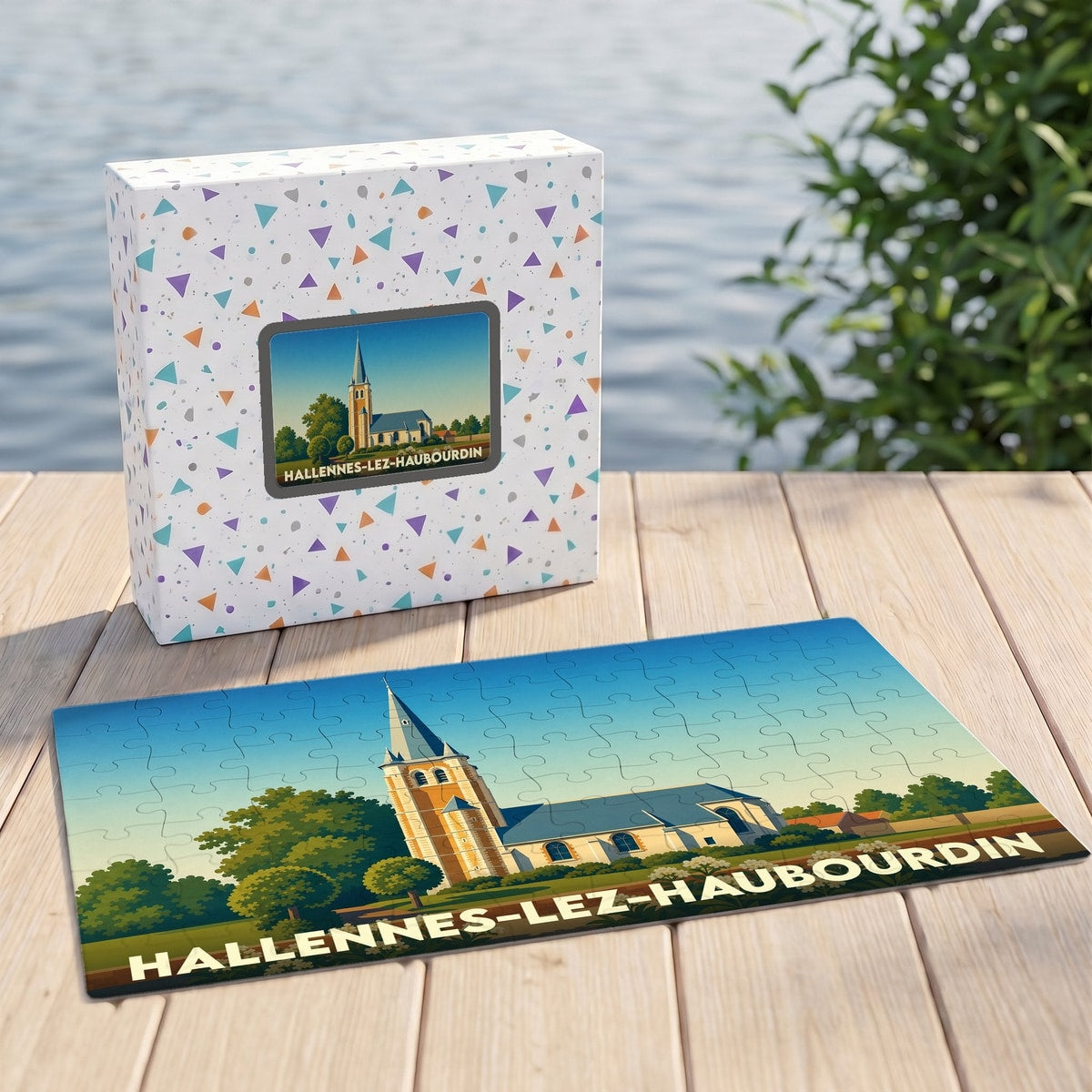Puzzle souvenir de la ville de Hallennes-lez-Haubourdin avec une illustration stylisée d'une église.