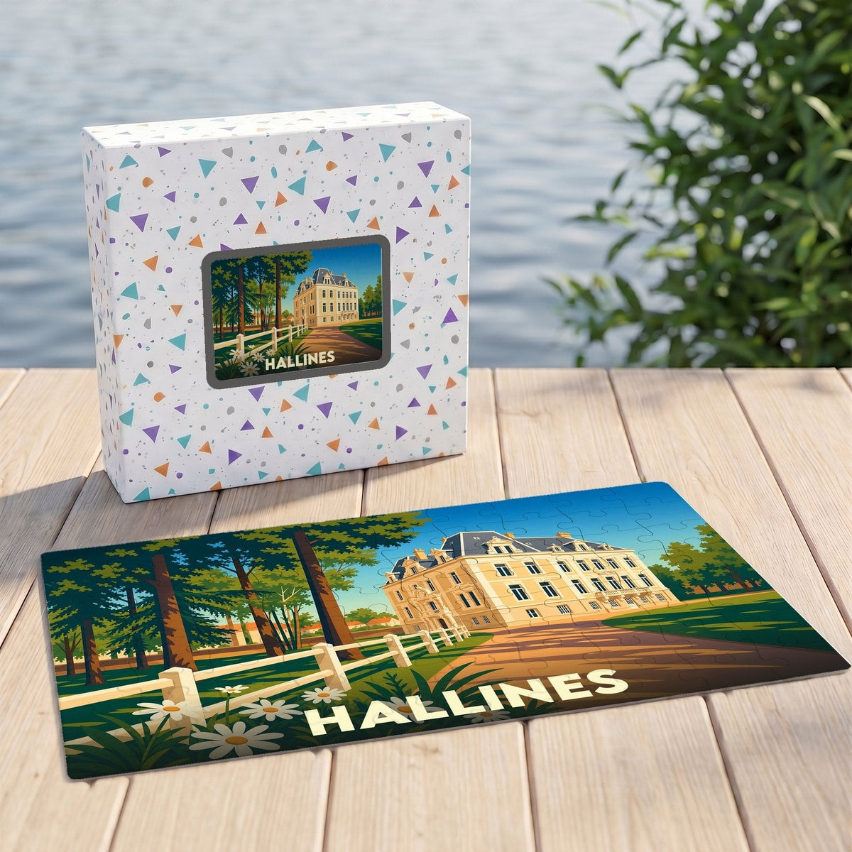 Puzzle souvenir de la ville de Hallines illustré d'un manoir majestueux dans son parc.