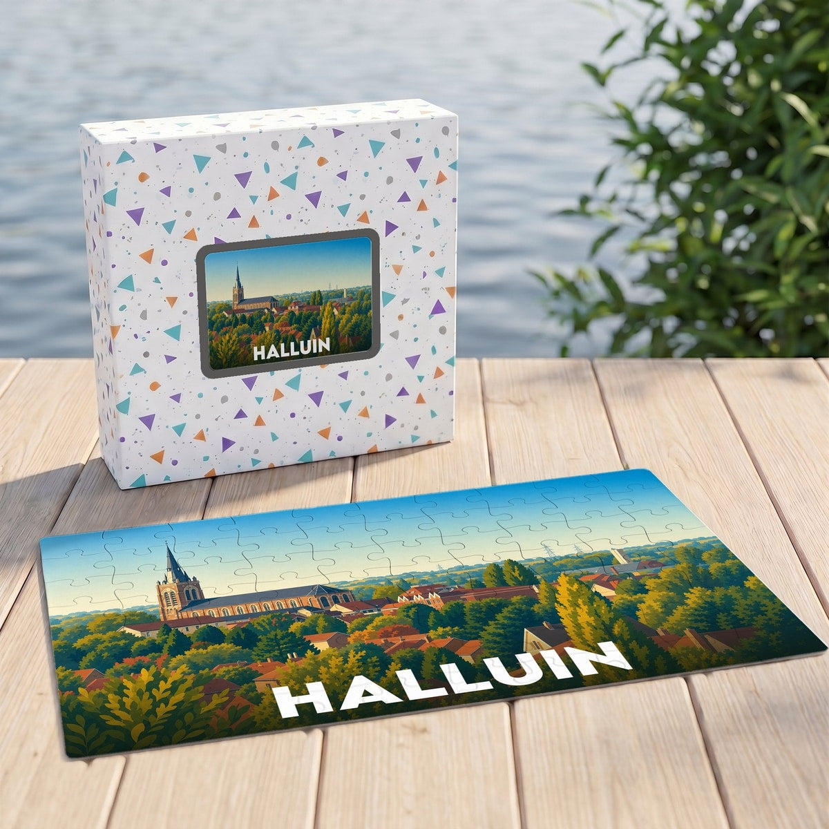 Puzzle souvenir de la ville de Halluin avec une illustration colorée et son emballage assorti.