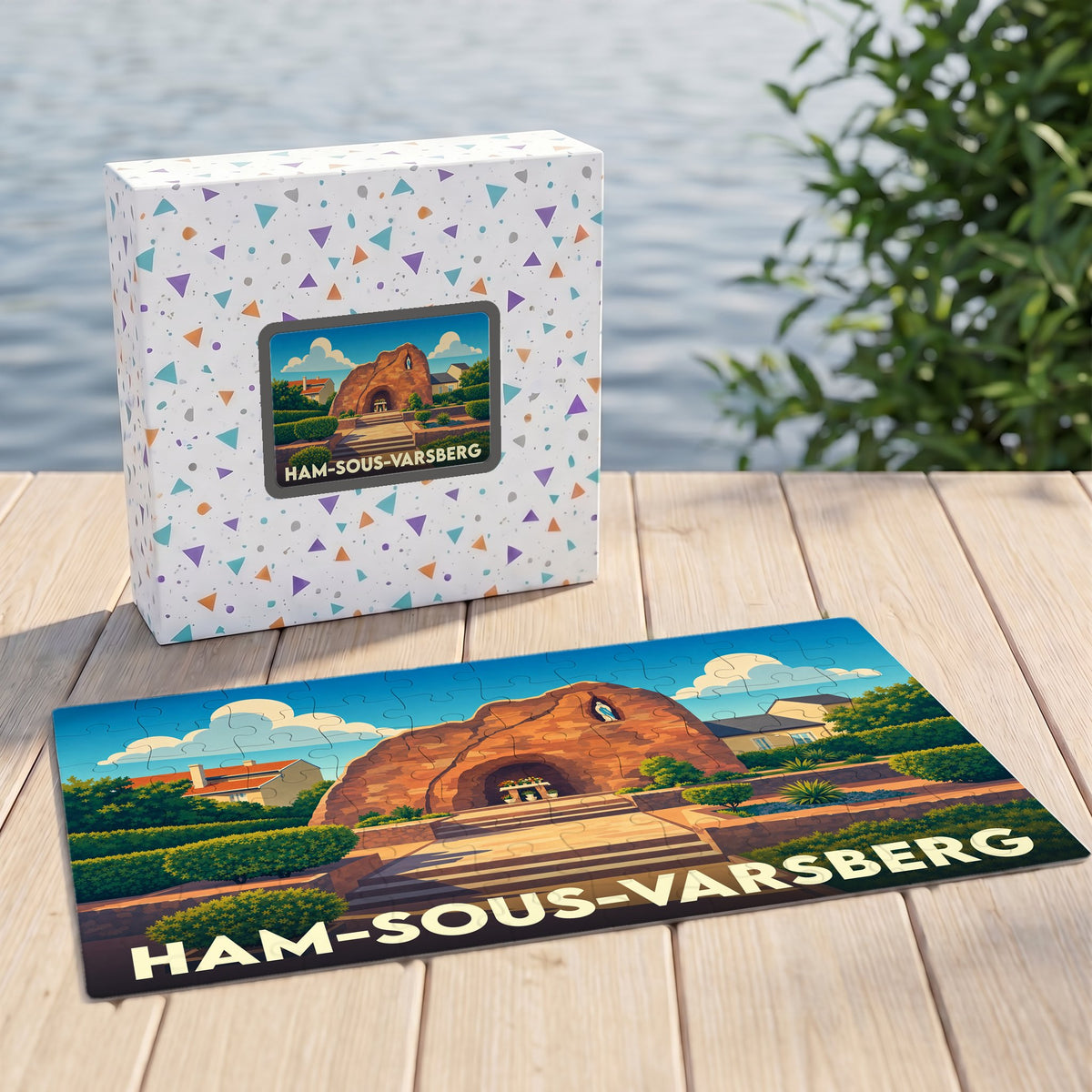 Puzzle souvenir de la ville de Ham-sous-Varsberg avec une illustration stylisée de sa grotte.