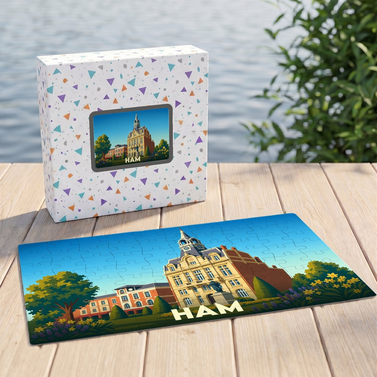 Puzzle souvenir de la ville de Ham avec une illustration stylisée de l'hôtel de ville.