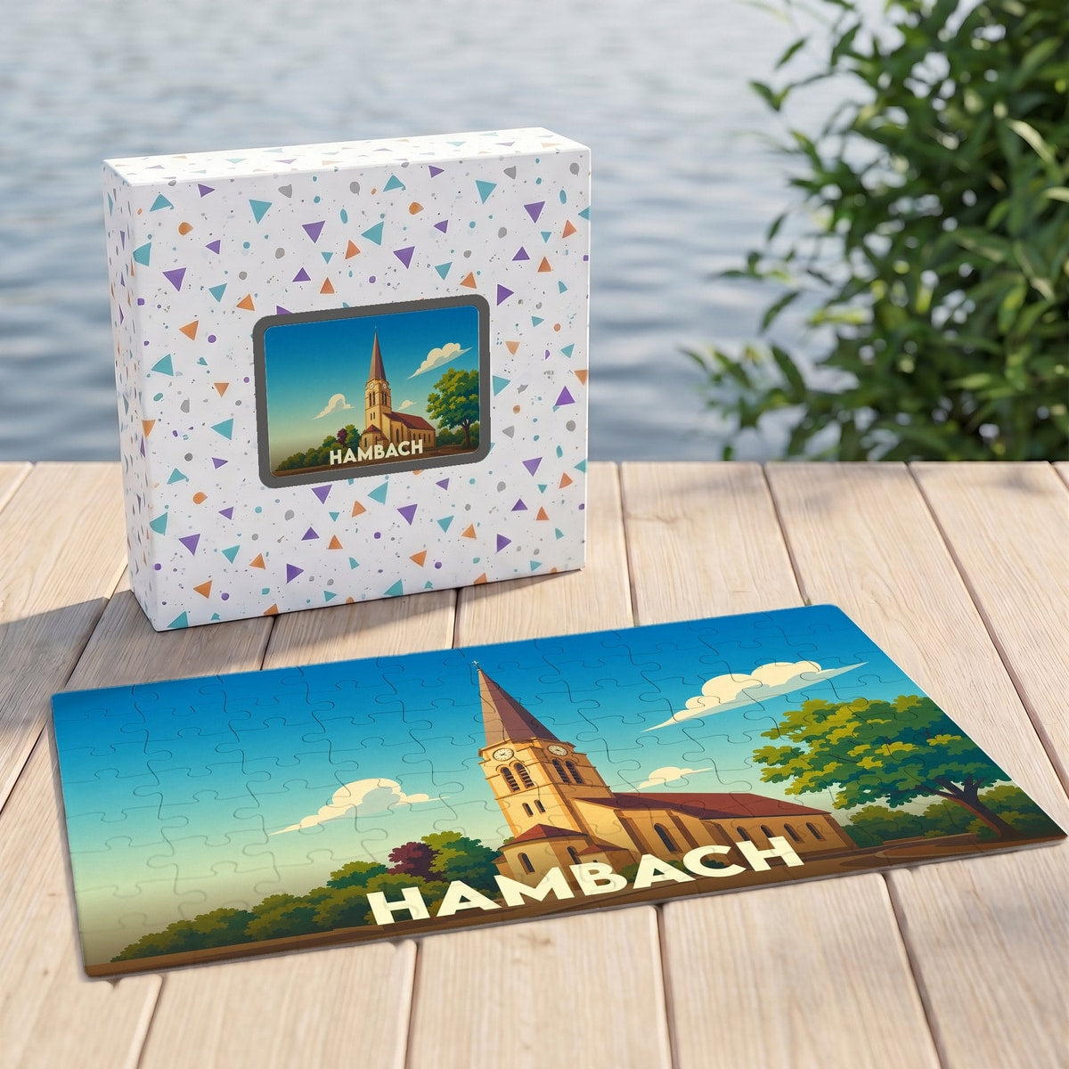 Puzzle souvenir de la ville de Hambach avec une illustration stylisée d'une église sous un ciel bleu.