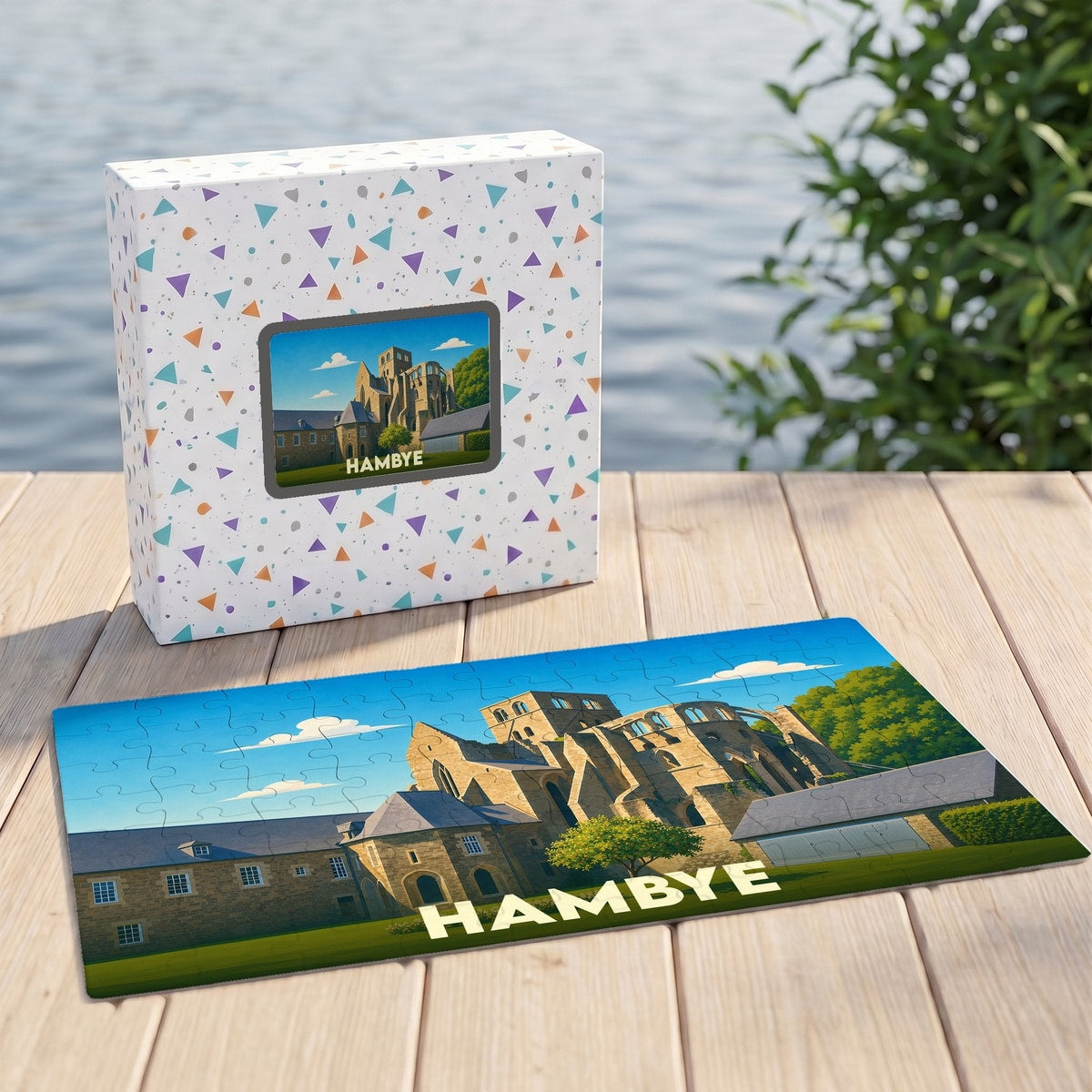 Puzzle souvenir de la ville de Hambye avec une illustration stylisée de son abbaye.