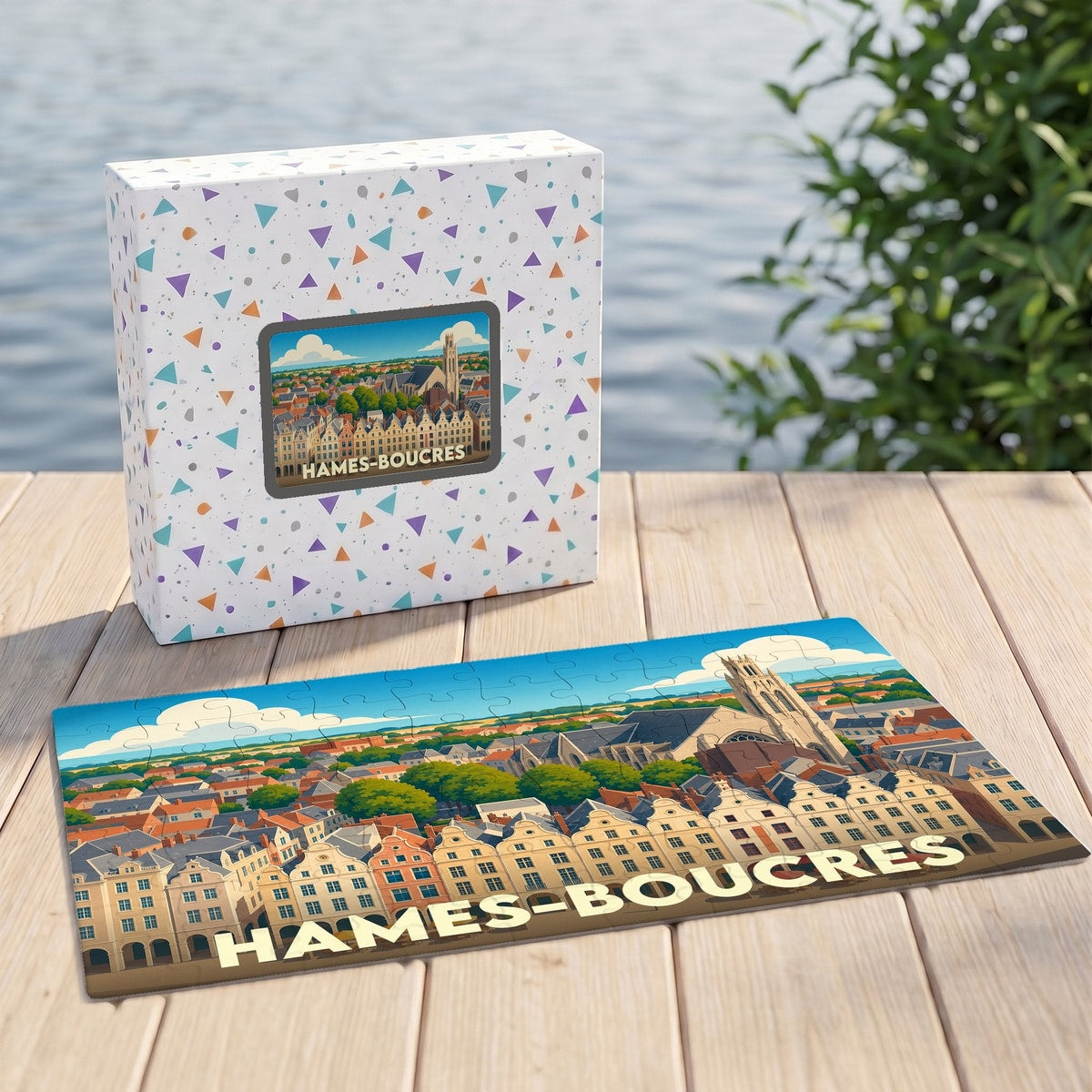 Puzzle souvenir de la ville de Hames-Boucres avec une illustration panoramique stylisée.