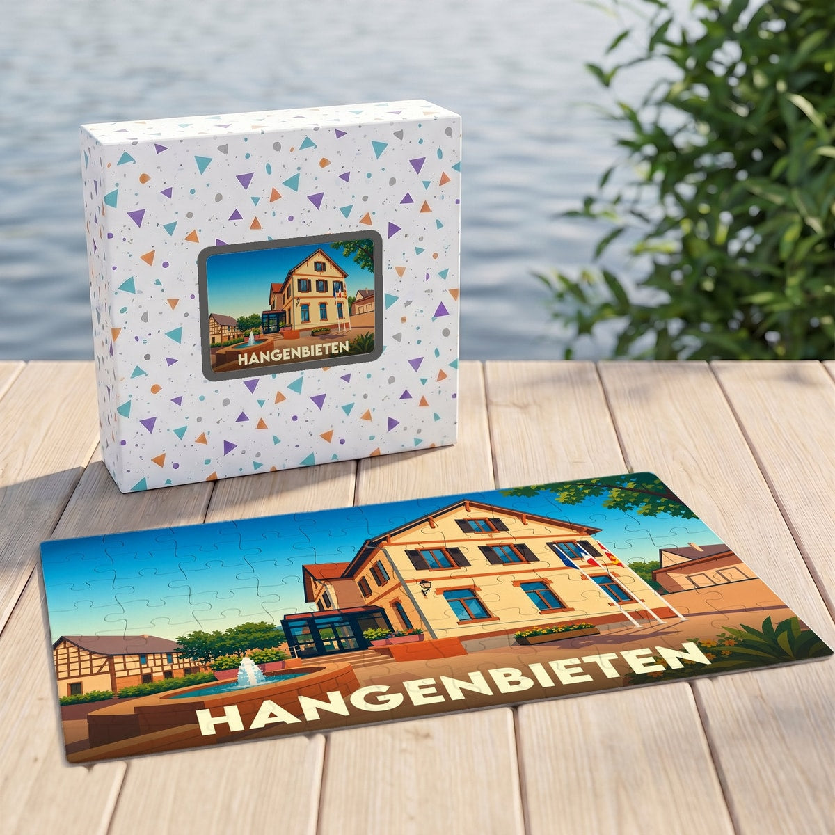 Puzzle souvenir de la ville de Hangenbieten avec une illustration stylisée et colorée de son architecture.