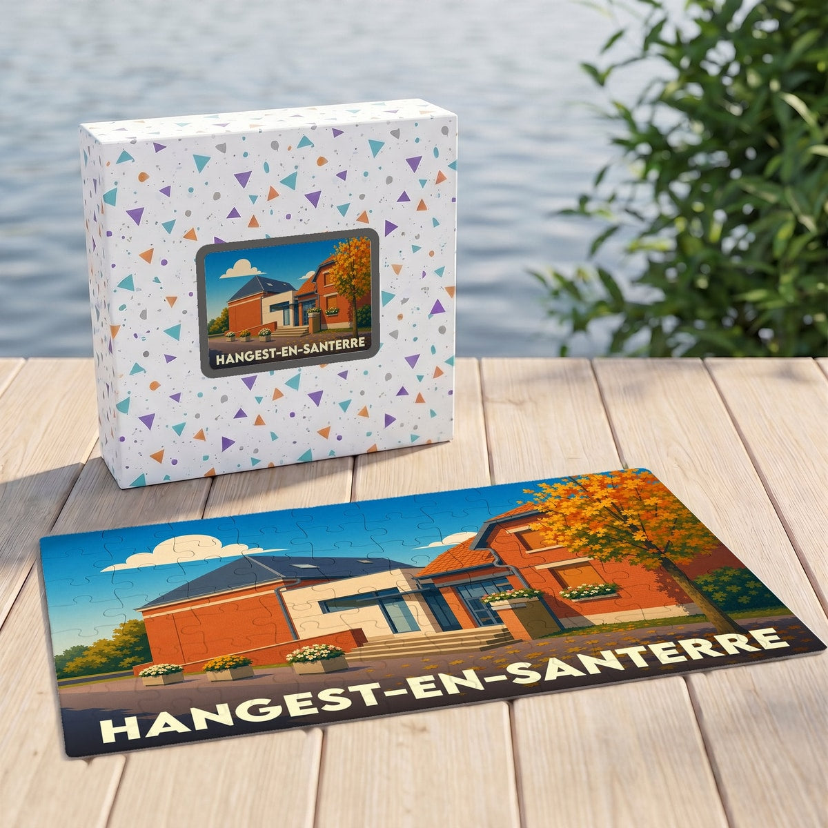 Puzzle souvenir de la ville de Hangest-en-Santerre avec une illustration stylisée et colorée.