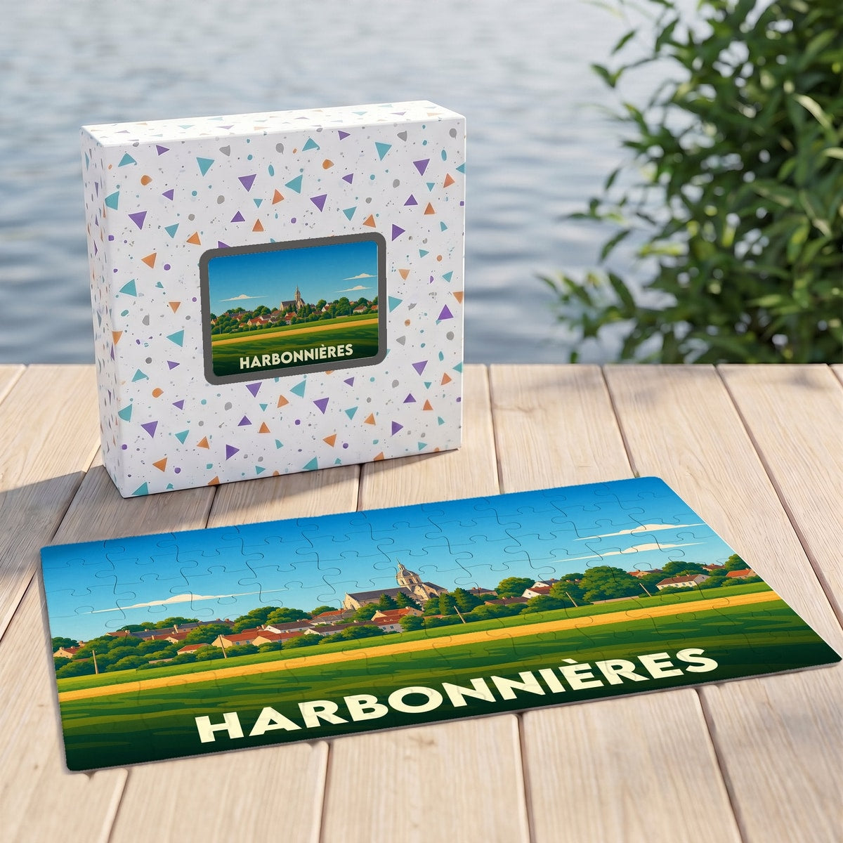Puzzle souvenir de la ville de Harbonnières avec une illustration stylisée d'un paysage champêtre.