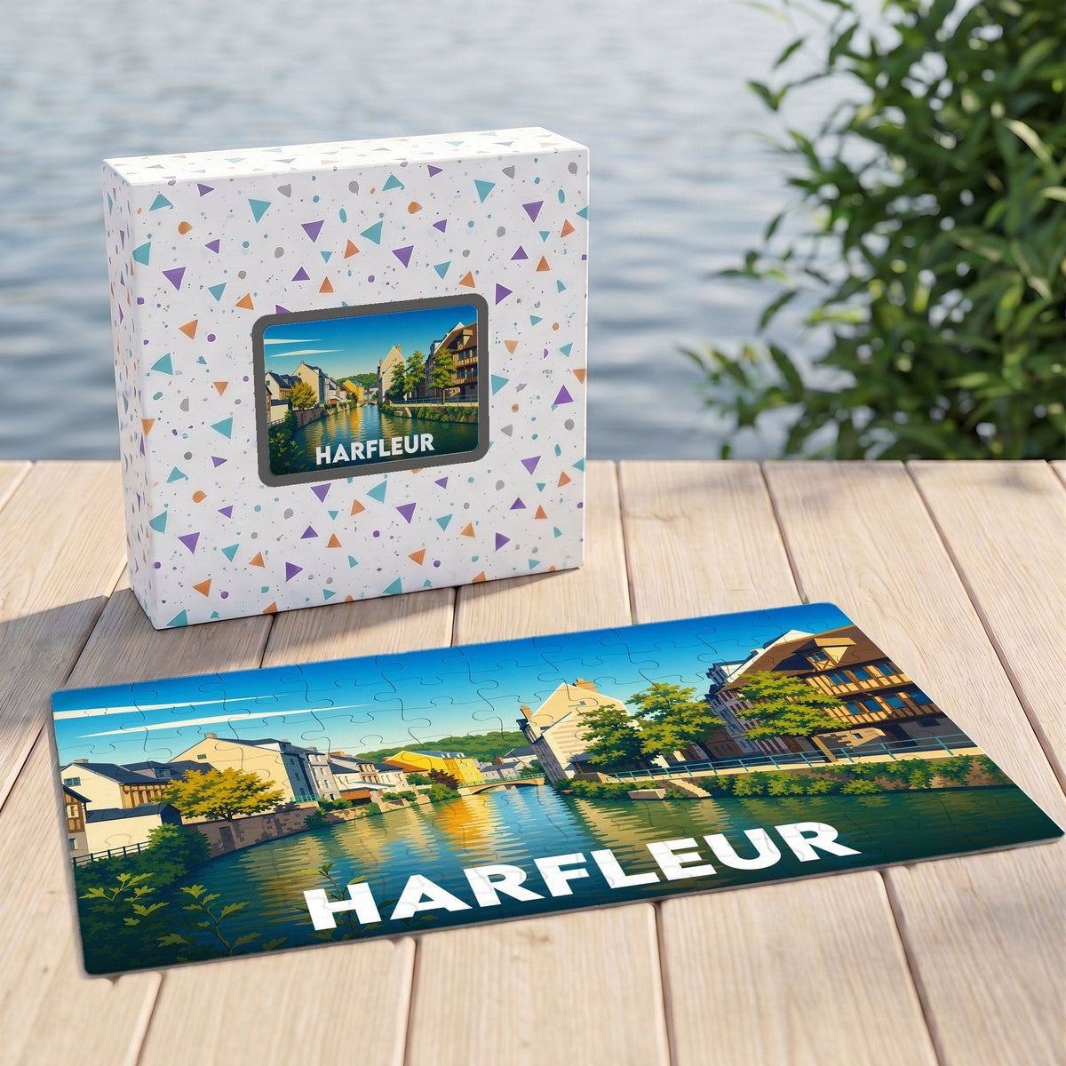 Puzzle souvenir de la ville de Harfleur avec une illustration stylisée d'un canal bordé de maisons à colombages.