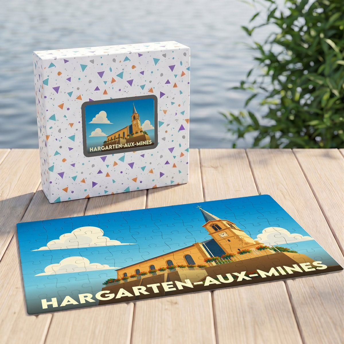 Puzzle souvenir de la ville de Hargarten-aux-Mines avec une illustration stylisée de son église.