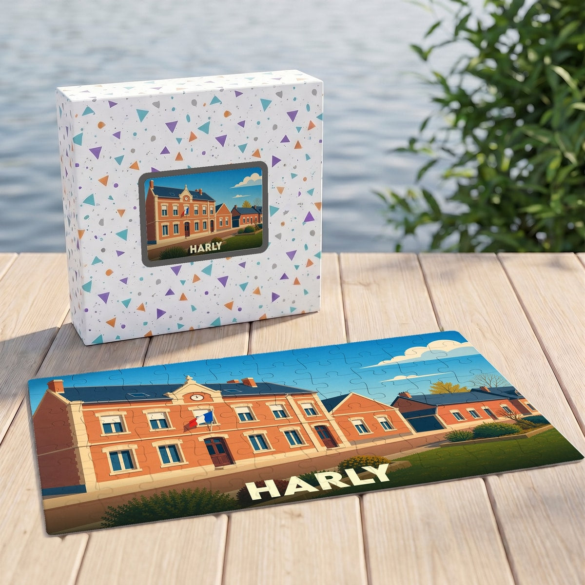 Puzzle souvenir de la ville de Harly avec une illustration stylisée d'un bâtiment municipal.
