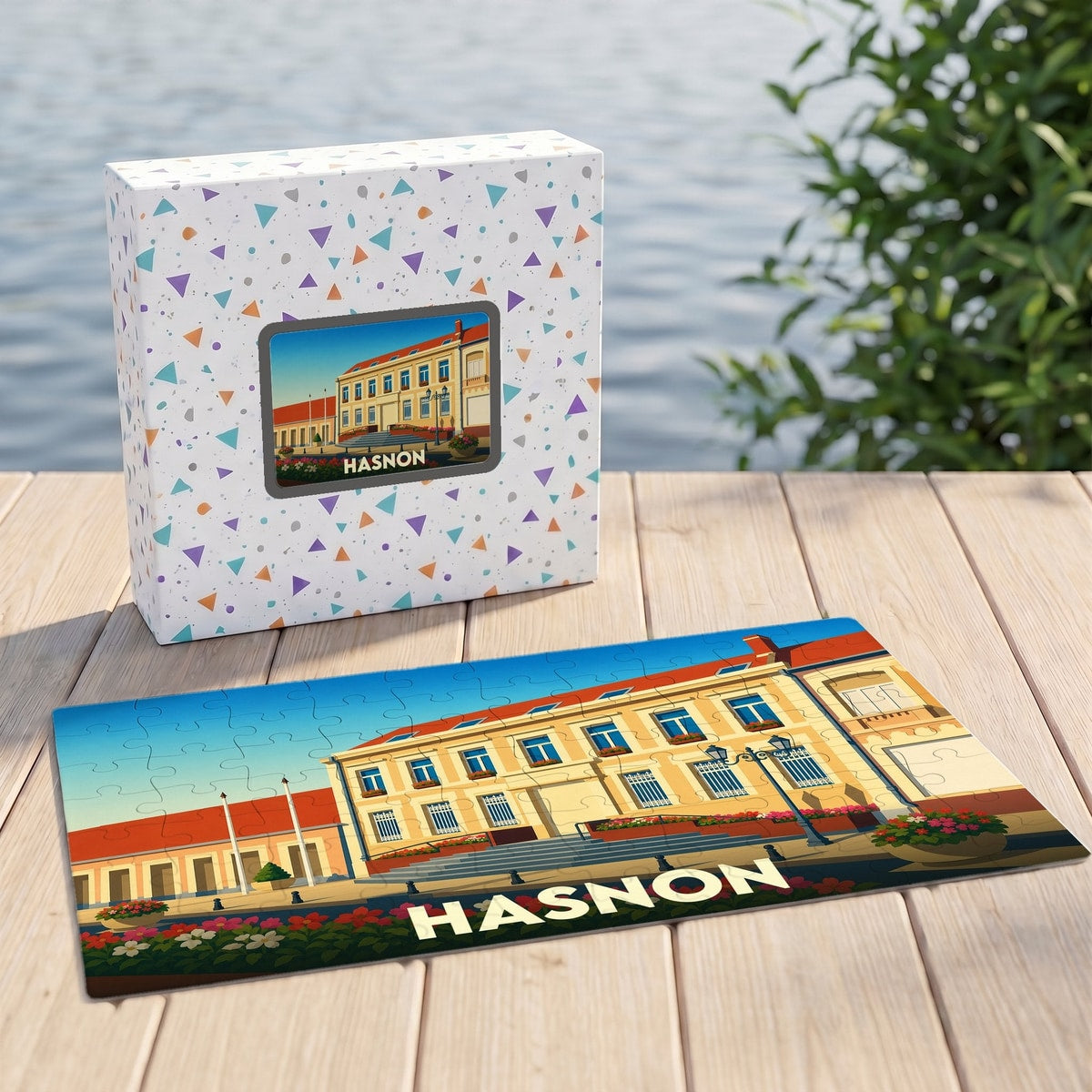 Puzzle souvenir de la ville de Hasnon avec une illustration stylisée d'un bâtiment remarquable.