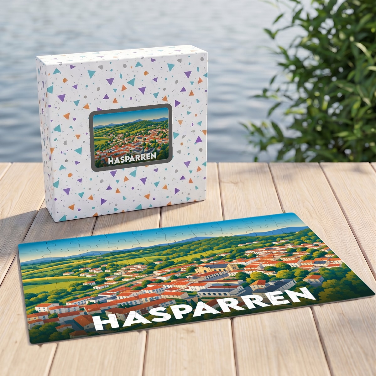 Puzzle souvenir de la ville de Hasparren avec une illustration stylisée et colorée.