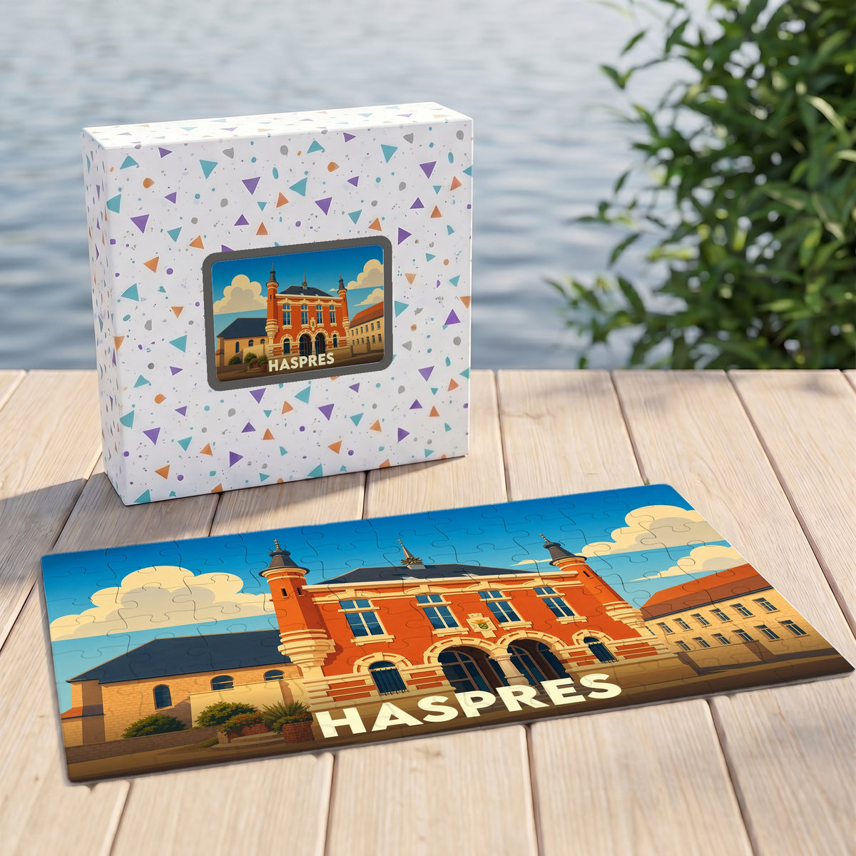Puzzle souvenir de la ville de Haspres avec une illustration stylisée de son architecture.