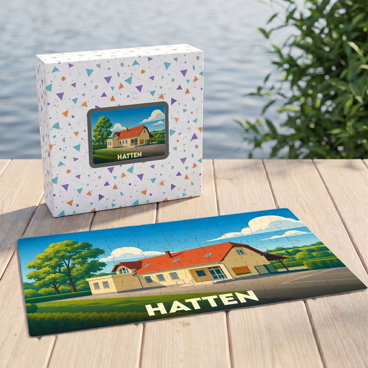 Puzzle souvenir de la ville de Hatten avec une illustration stylisée d'une maison.