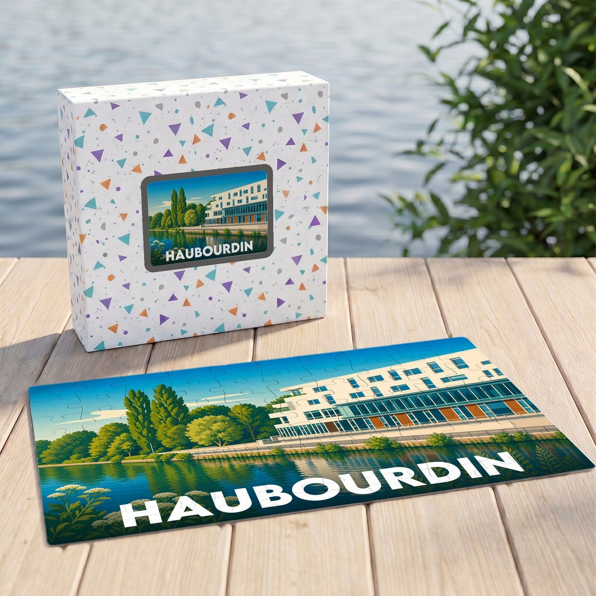 Puzzle souvenir de la ville de Haubourdin avec une illustration stylisée d'un bâtiment en bord de l'eau.