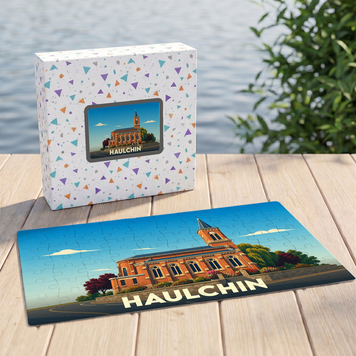 Puzzle souvenir de la ville de Haulchin avec une illustration stylisée de son église.