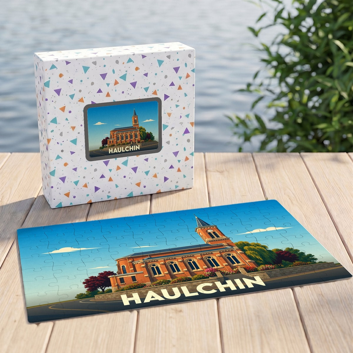 Puzzle souvenir de la ville de Haulchin avec une illustration stylisée de son église.