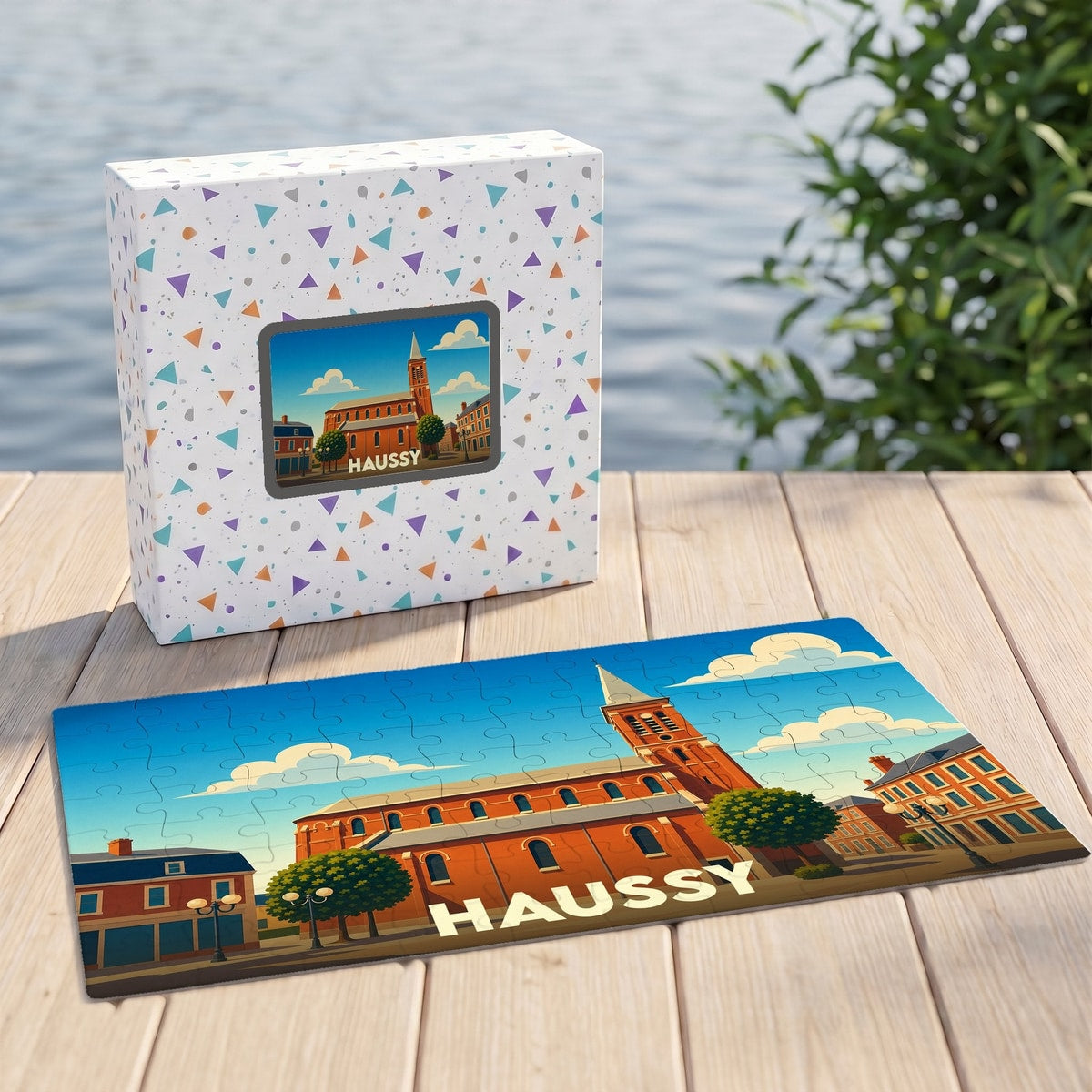 Puzzle souvenir de la ville de Haussy avec une illustration stylisée.