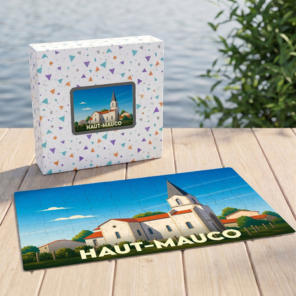 Puzzle souvenir de la ville de Haut-Mauco représentant une église avec une illustration stylisée.