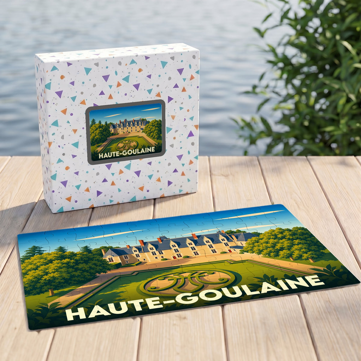 Puzzle souvenir de la ville de Haute-Goulaine avec une illustration stylisée d'un château.