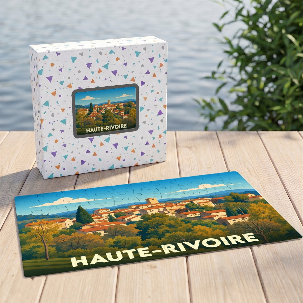 Puzzle souvenir de la ville de Haute-Rivoire avec une illustration stylisée de son paysage urbain.