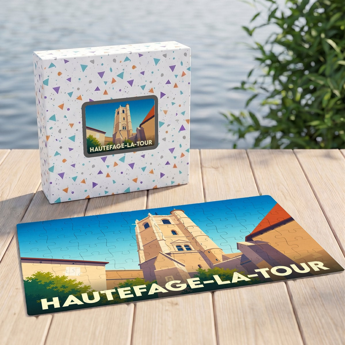 Puzzle souvenir de la ville de Hautefage-la-Tour avec une illustration stylisée de sa tour emblématique.