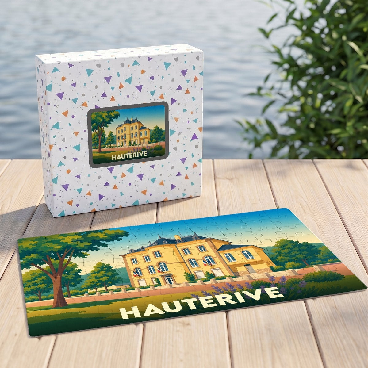 Puzzle souvenir de la ville de Hauterive avec une illustration stylisée d'un bâtiment historique.