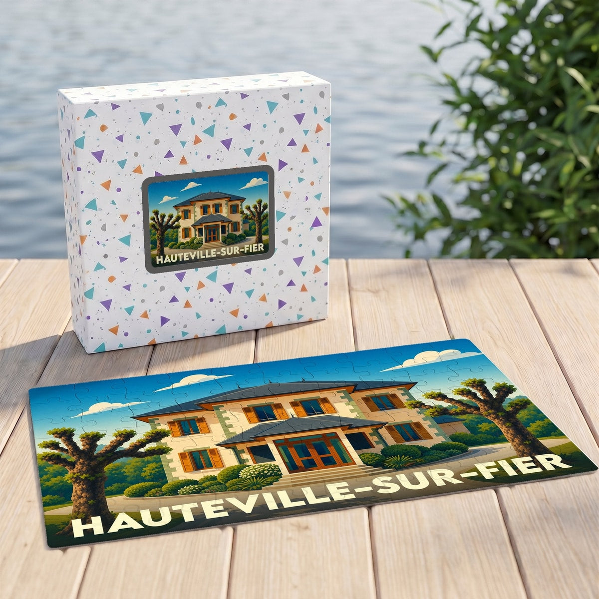 Puzzle souvenir de la ville de Hauteville-sur-Fier avec son illustration stylisée et sa boîte assortie.