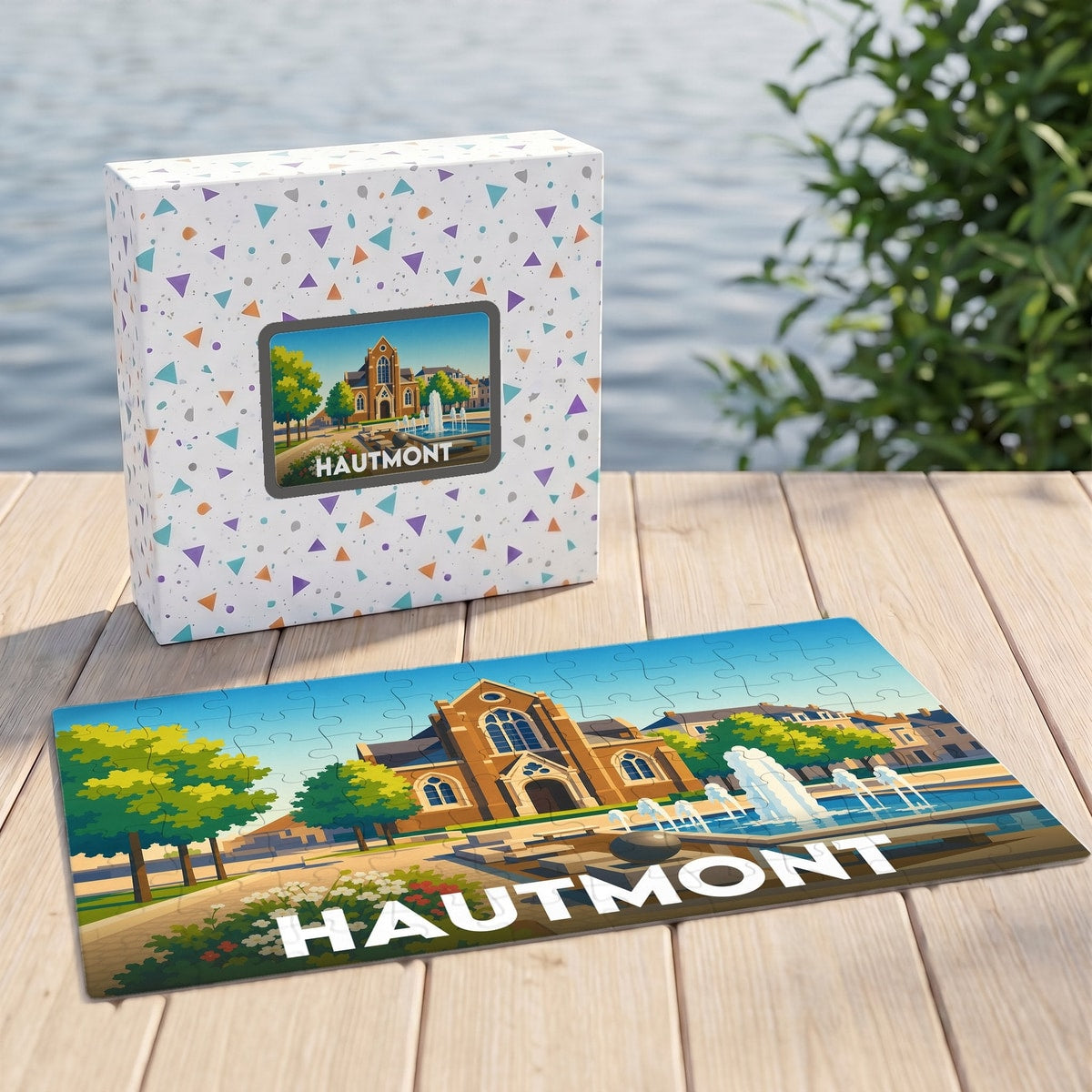 Puzzle souvenir de la ville de Hautmont avec une illustration stylisée d'une église et d'une fontaine.
