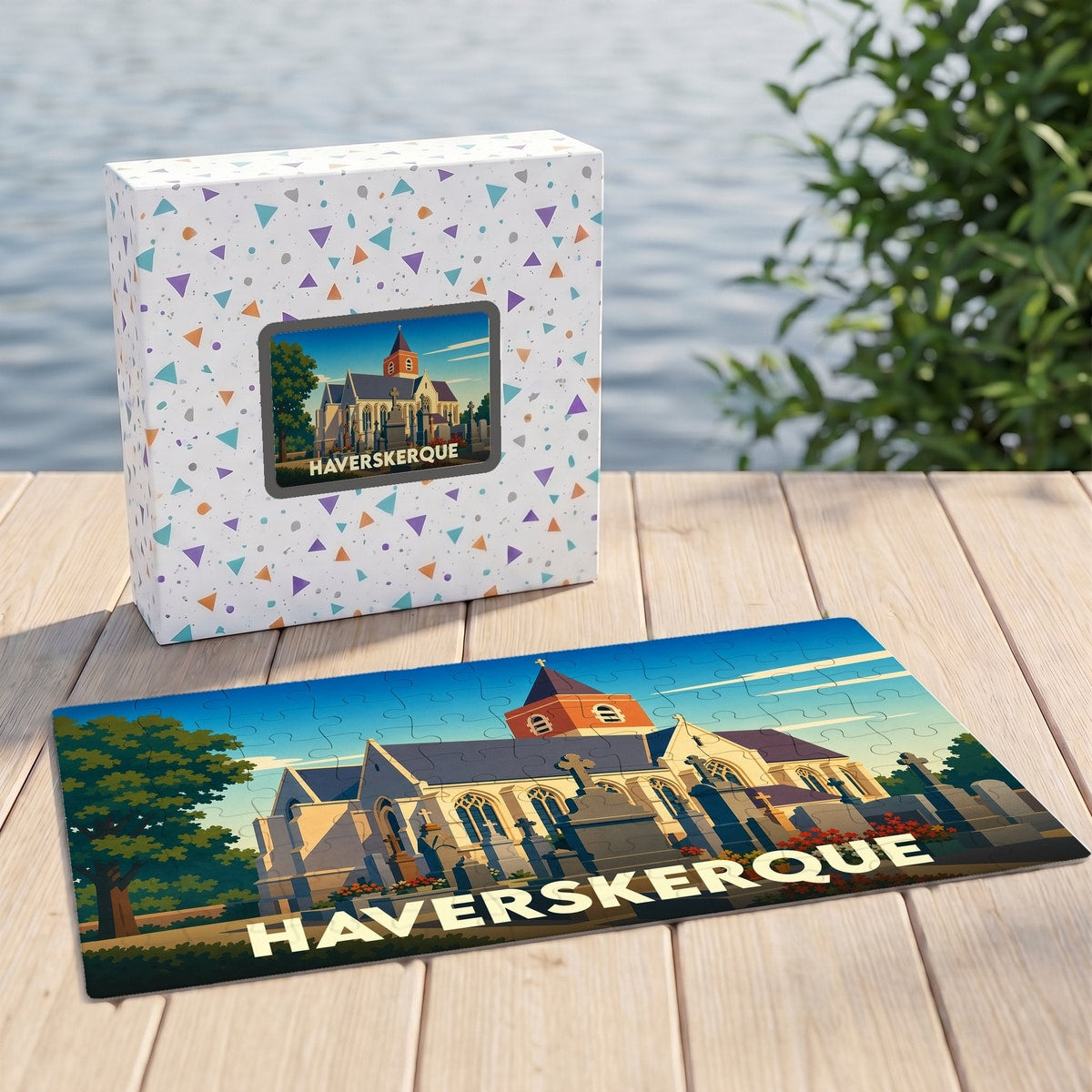 Puzzle souvenir de la ville de Haverskerque avec une illustration stylisée d'une église et de son cimetière.