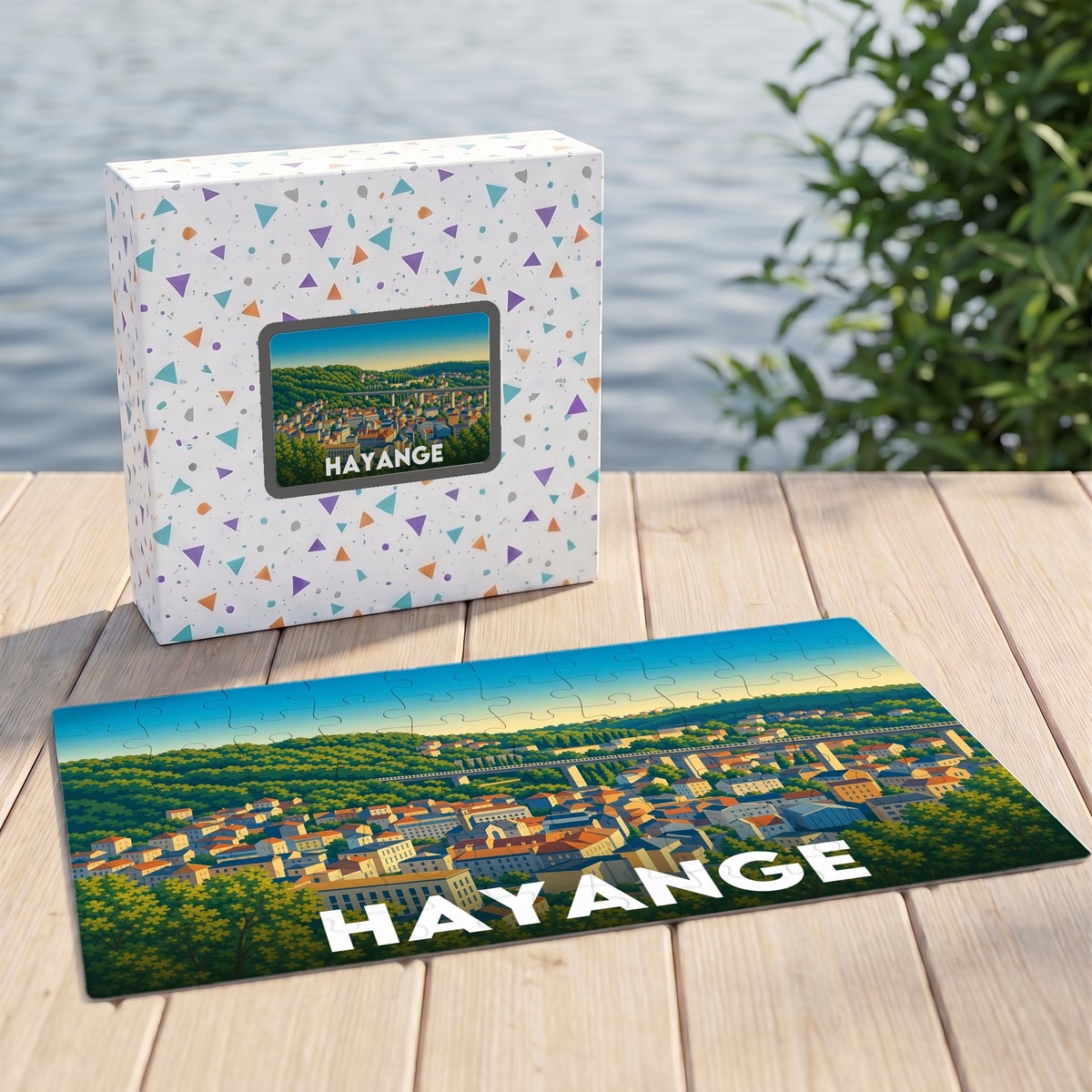 Puzzle souvenir de la ville de Hayange avec une illustration panoramique stylisée.