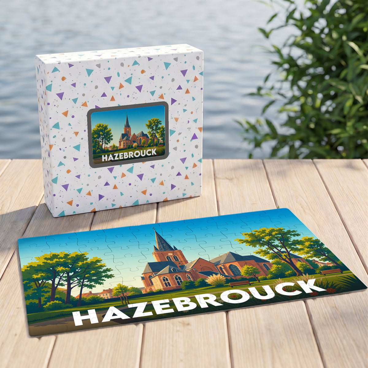 Puzzle souvenir de la ville de Hazebrouck avec une illustration stylisée d'une église et de son parc.