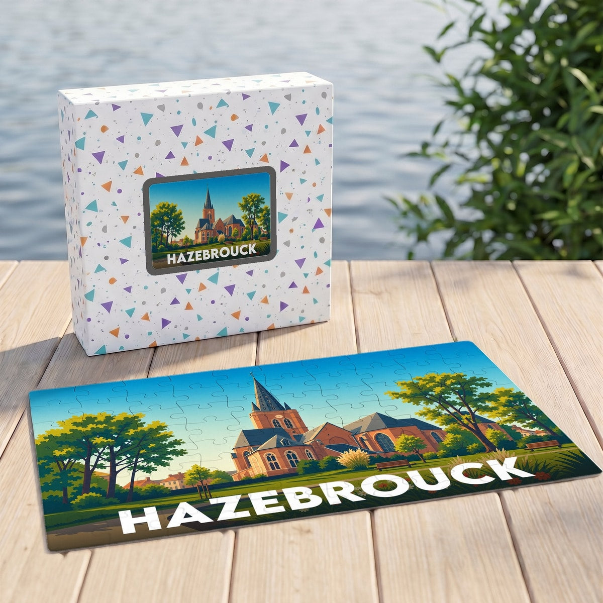 Puzzle souvenir de la ville de Hazebrouck avec une illustration stylisée d'une église et de son parc.