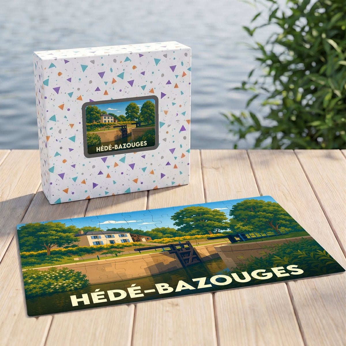 Puzzle souvenir de la ville de Hédé-Bazouges avec une illustration stylisée d'un canal et de ses écluses.