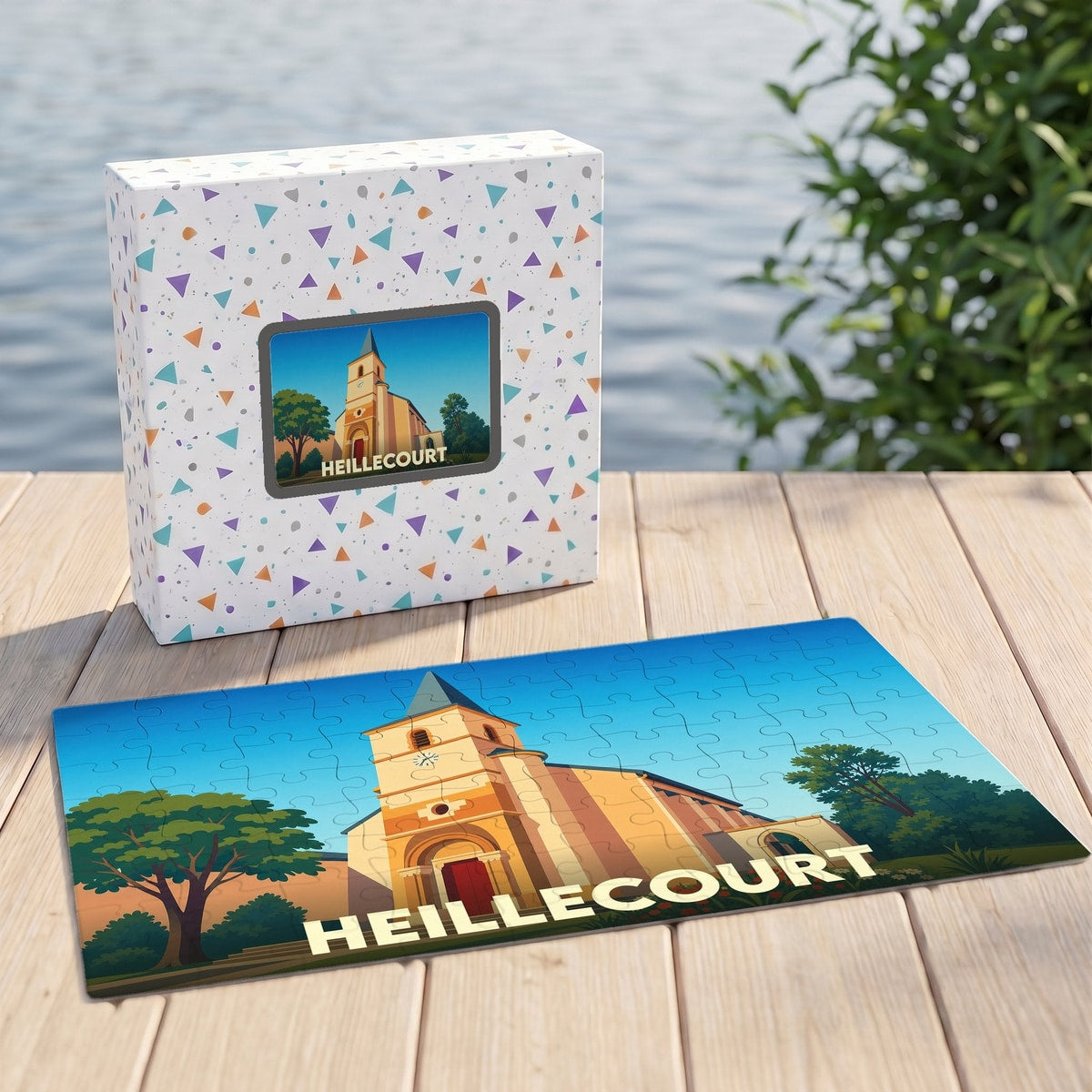 Puzzle souvenir de la ville de Heillecourt illustrant son église dans un style graphique épuré.