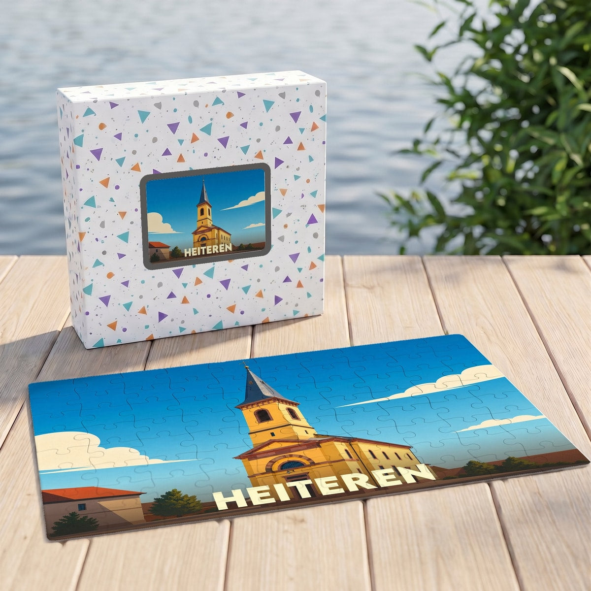 Puzzle souvenir de la ville de Heiteren avec une illustration stylisée de son église.