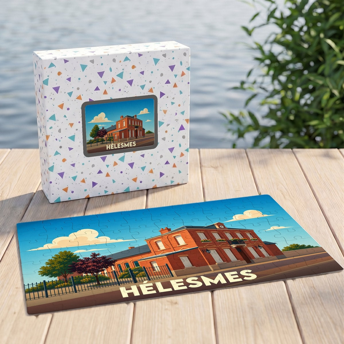 Puzzle souvenir de la ville de Hélesmes avec une illustration stylisée.