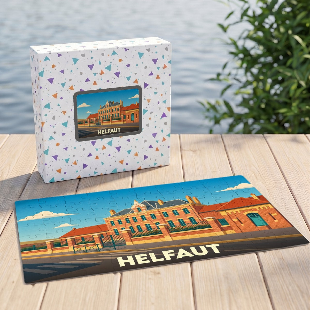 Puzzle souvenir de la ville de Helfaut avec une illustration stylisée d'un bâtiment historique.