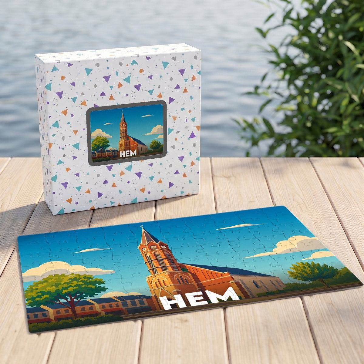 Puzzle souvenir de la ville de Hem avec une illustration stylisée d'une église locale.