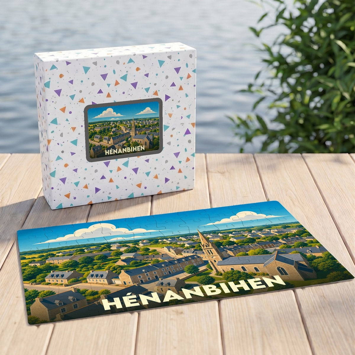 Puzzle souvenir de la ville de Hénanbihen avec une illustration stylisée d'un paysage urbain.