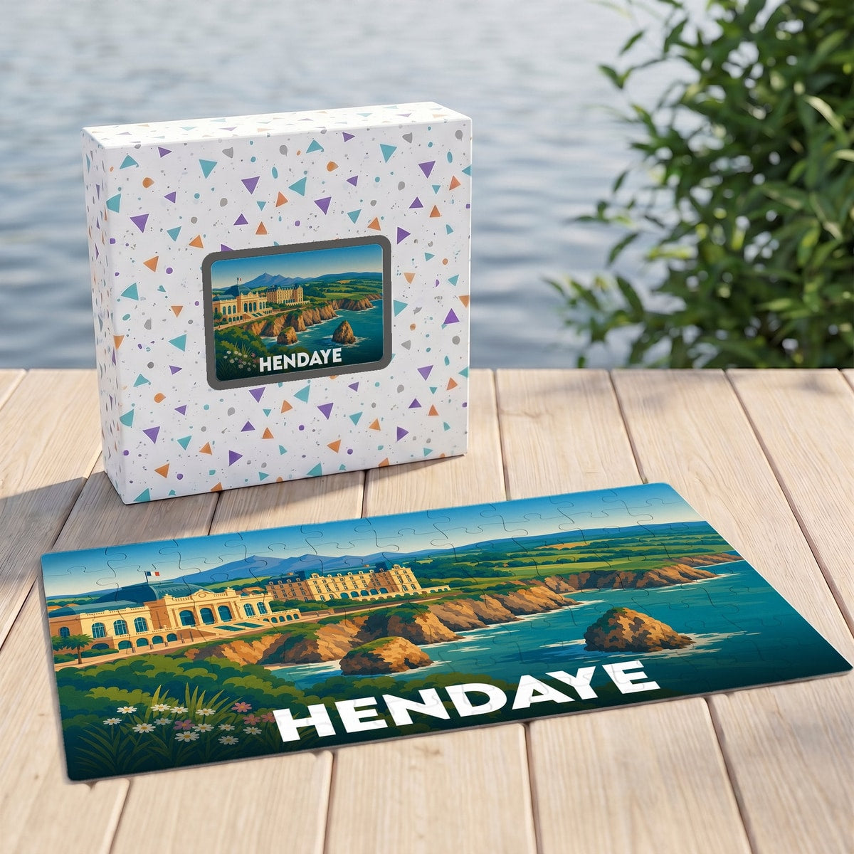 Puzzle souvenir de la ville de Hendaye avec une illustration stylisée de son littoral et de son architecture.