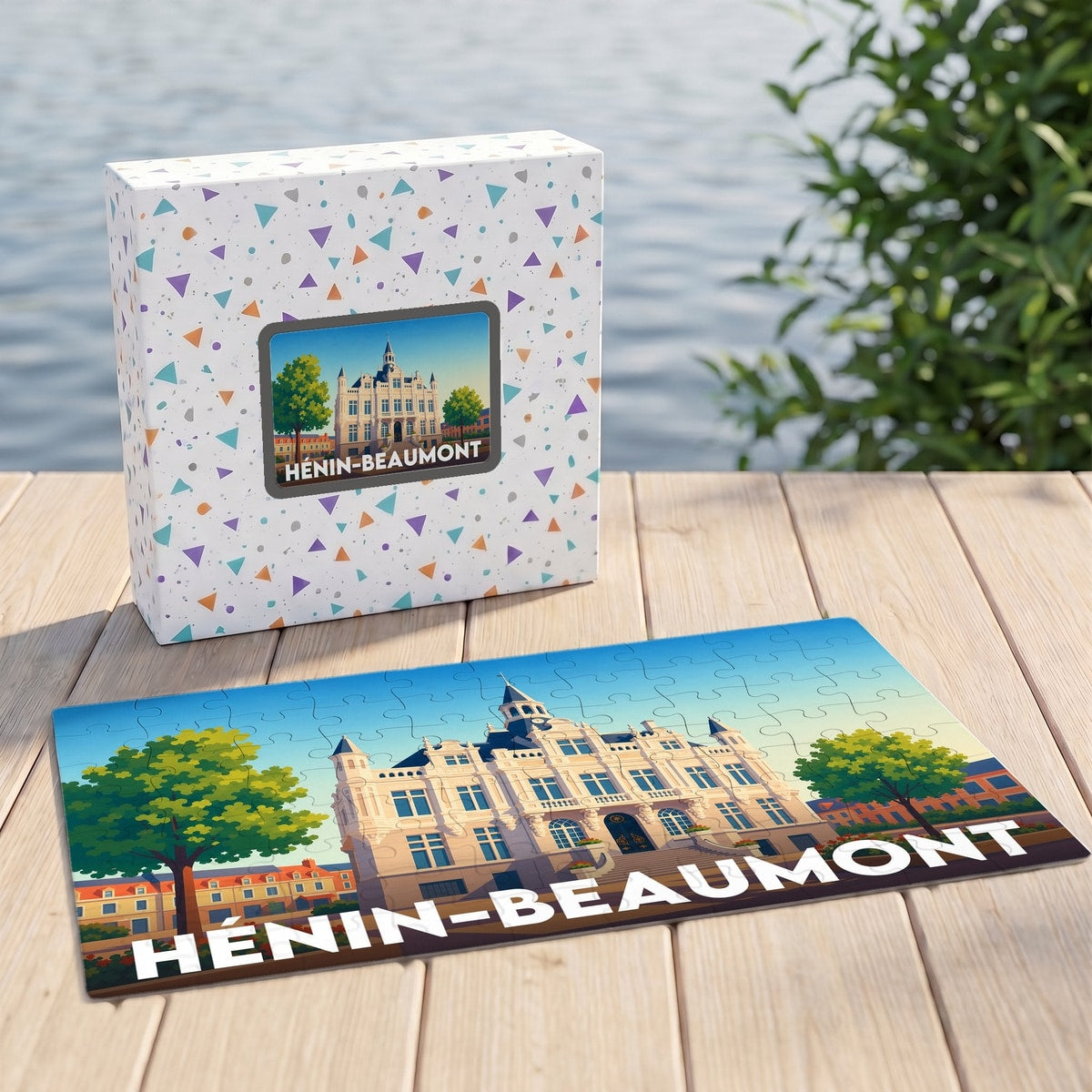 Puzzle souvenir de la ville d'Hénin-Beaumont avec une illustration stylisée de son hôtel de ville.