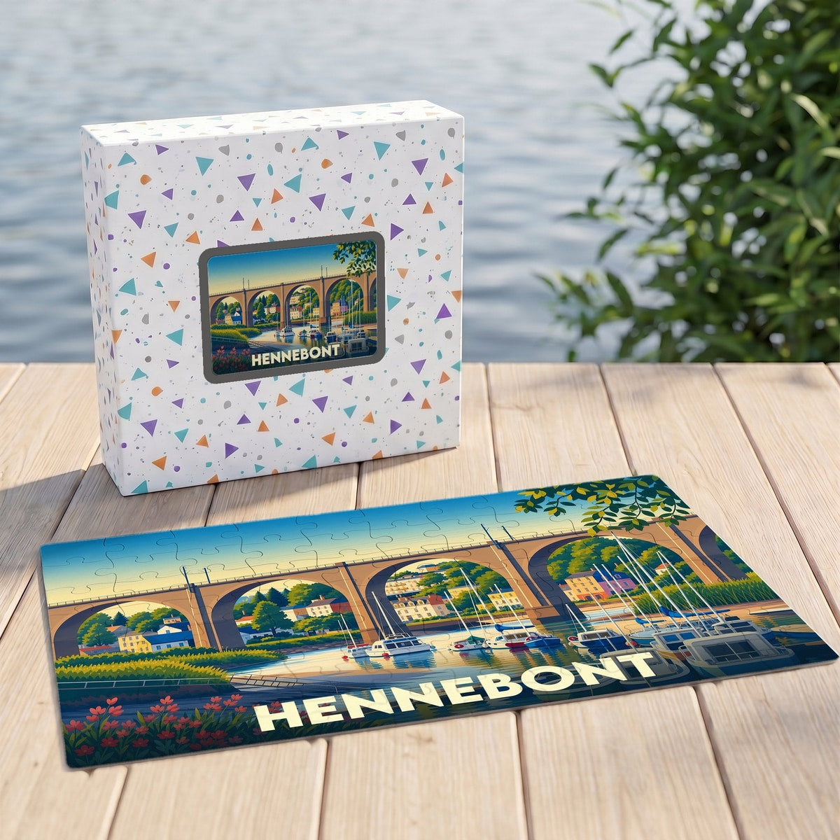 Puzzle souvenir de la ville de Hennebont avec une illustration stylisée de son viaduc et de son port.