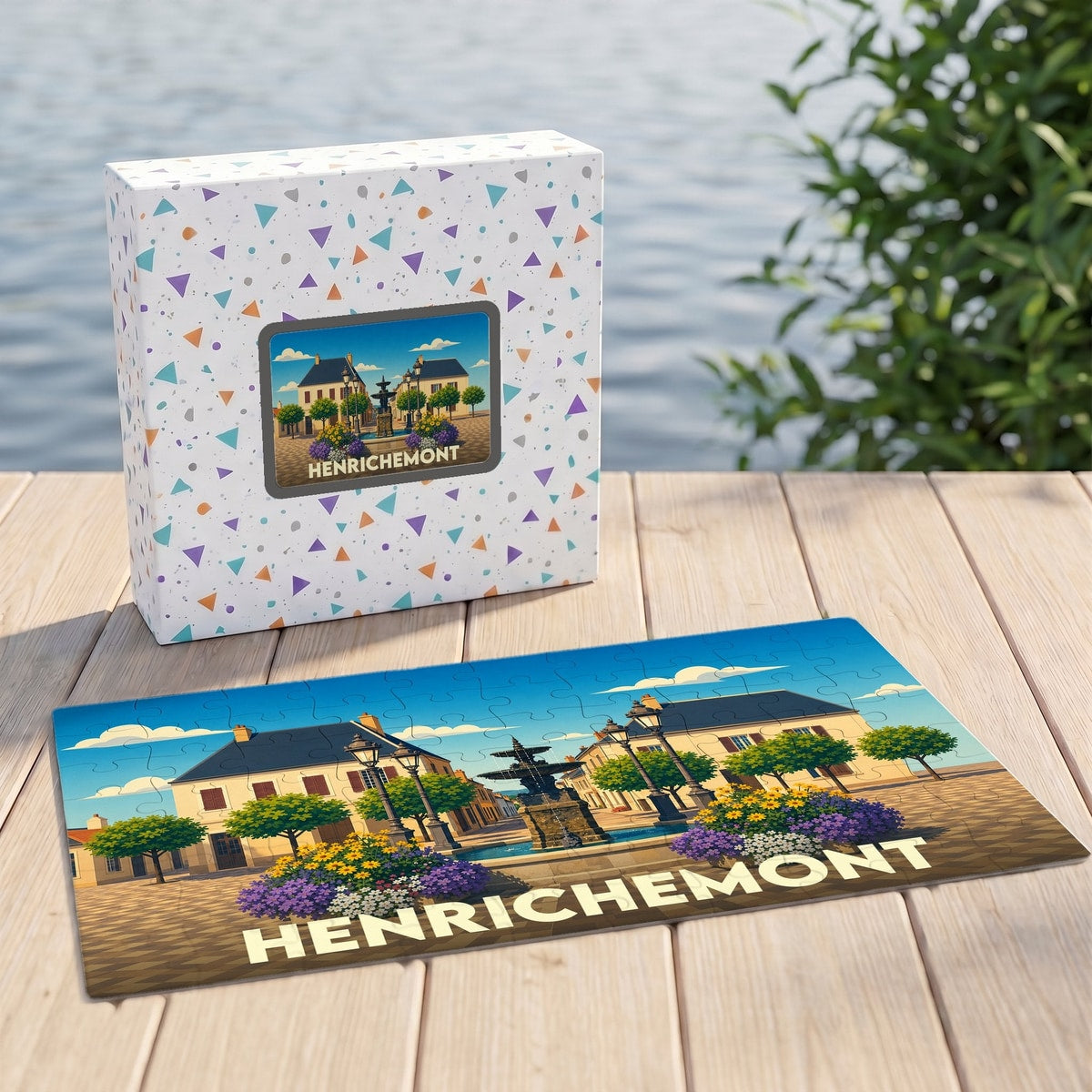 Puzzle souvenir de la ville de Henrichemont avec une illustration colorée de sa place centrale.