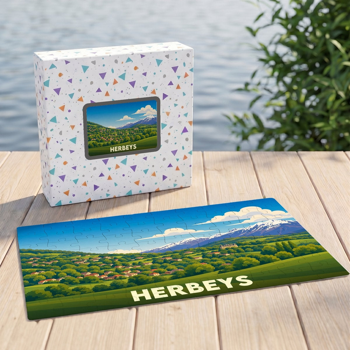 Puzzle souvenir de la ville d'Herbeys avec une illustration panoramique stylisée de ses paysages et montagnes.